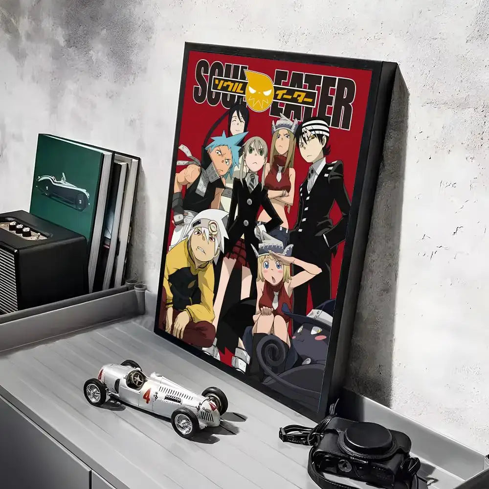 A framed soul eater poster with red background and black border featuring main characters in waterproof wall art design