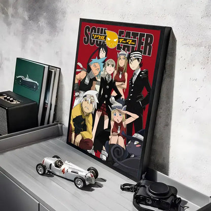 A framed soul eater poster with red background and black border featuring main characters in waterproof wall art design