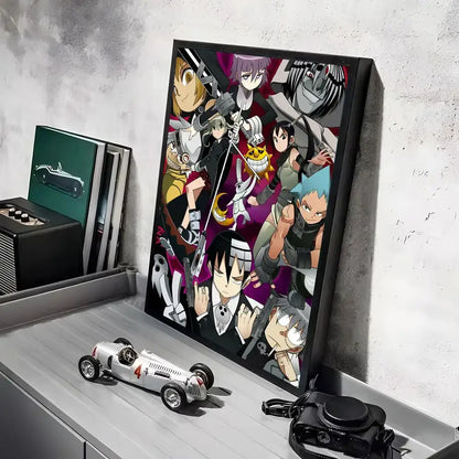 Black-framed soul eater waterproof wall art featuring vibrant anime characters on a deep purple canvas print
