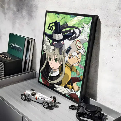 Black-framed soul eater canvas print featuring vibrant anime characters in dynamic poses waterproof wall art