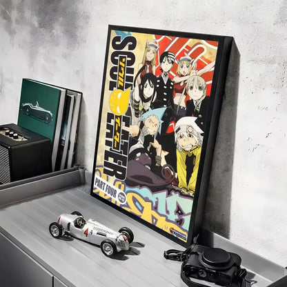 Black-framed soul eater poster with vibrant yellow red and black artwork part four characters waterproof wall art