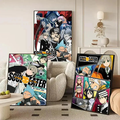 Three framed soul eater anime posters featuring vibrant character art as hd waterproof wall art on canvas