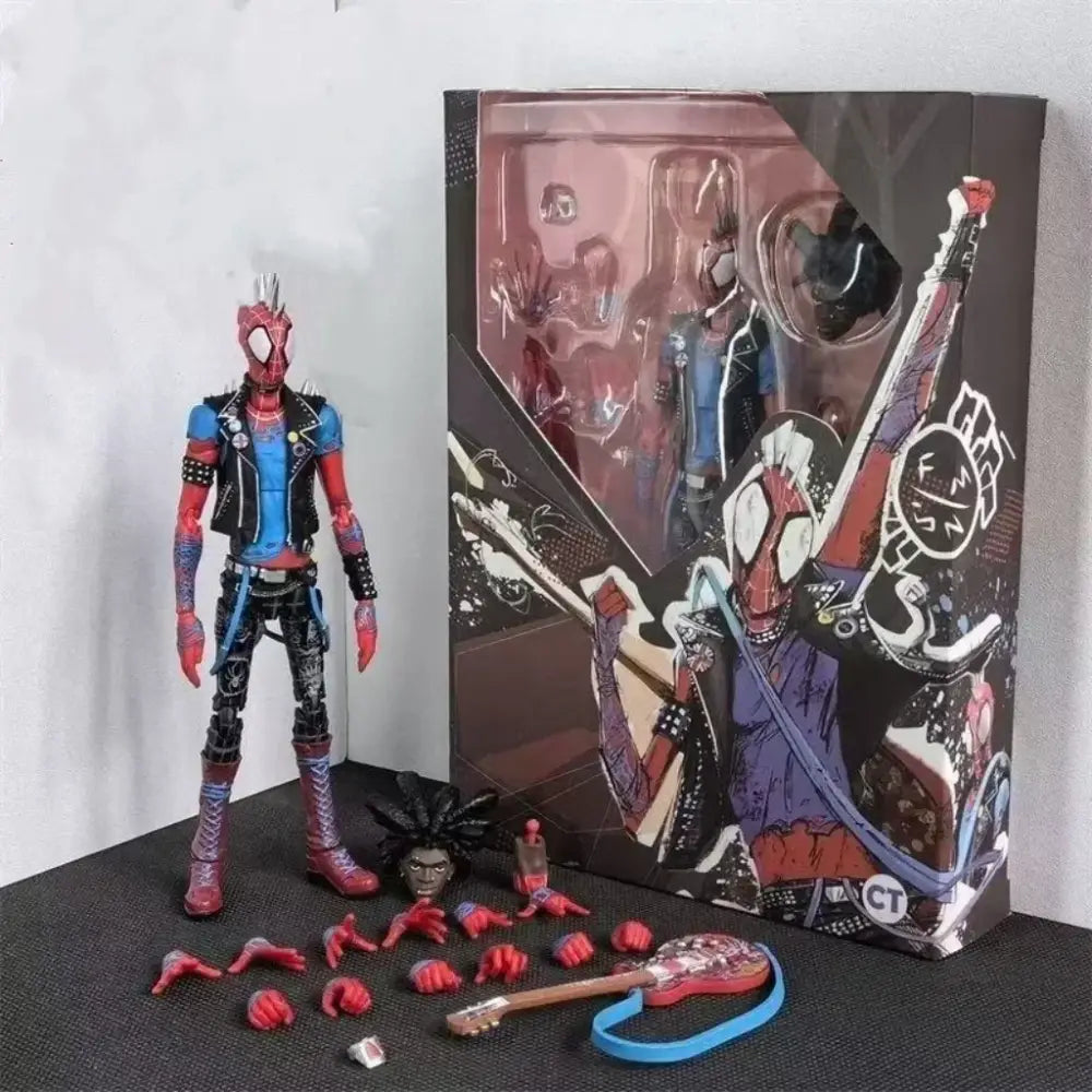 Red and blue spider-punk action figure shf-style model with black leather jacket and studded accessories from spider-verse