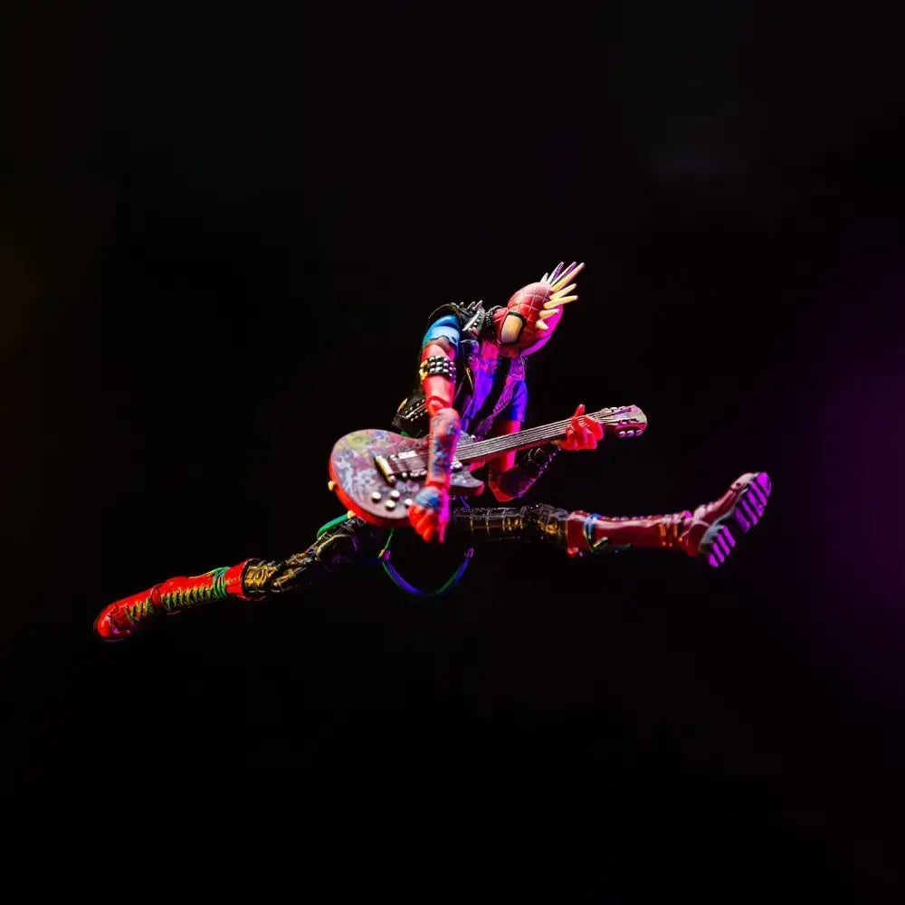 A vibrant multi-colored spider-man across the spider-verse spider-punk shf-style action figure in mid-air pose with glowing accents