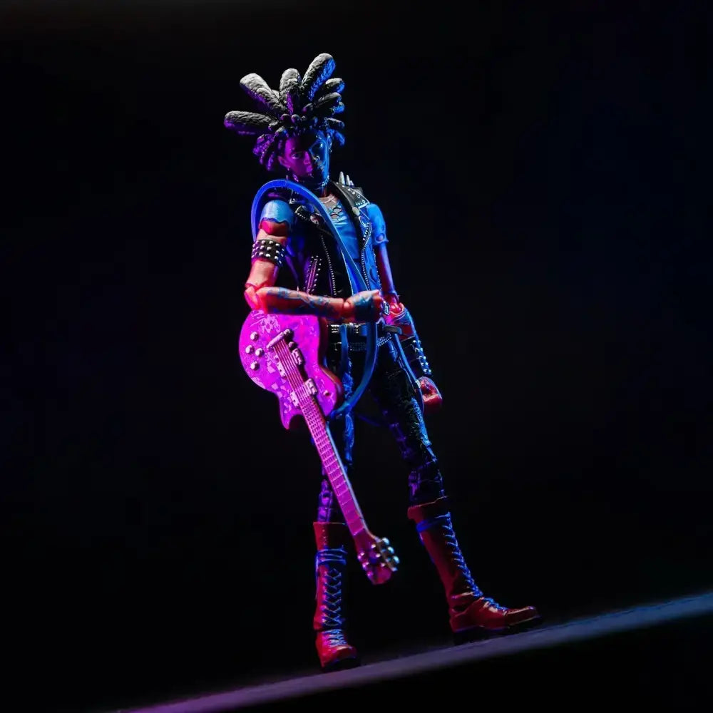 Spider-Man across the spider-verse spider-punk shf-style action figure with blue leather jacket and pink electric guitar
