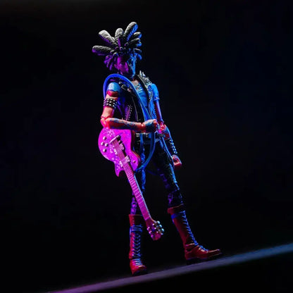 Spider-Man across the spider-verse spider-punk shf-style action figure with blue leather jacket and pink electric guitar