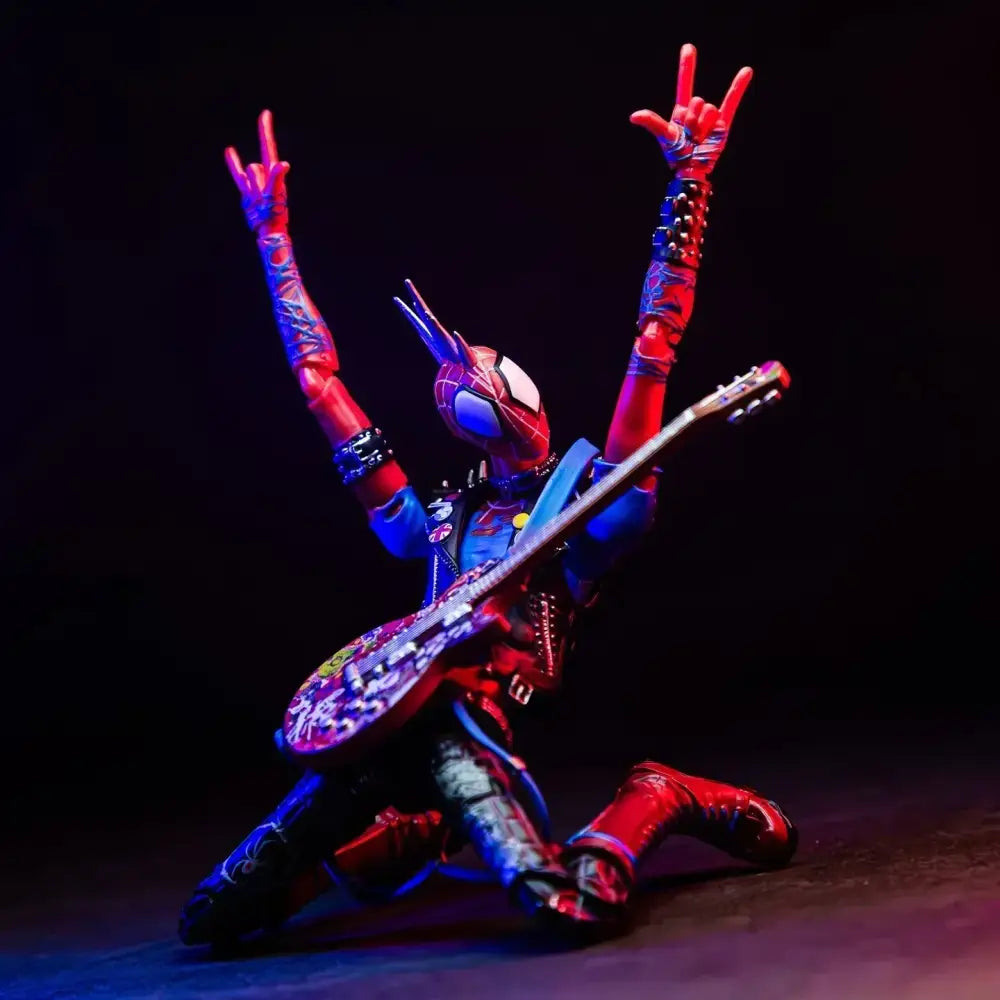 Spider-man across the spider-verse spider-punk shf-style action figure in red and blue rockstar pose with studded gloves and guitar