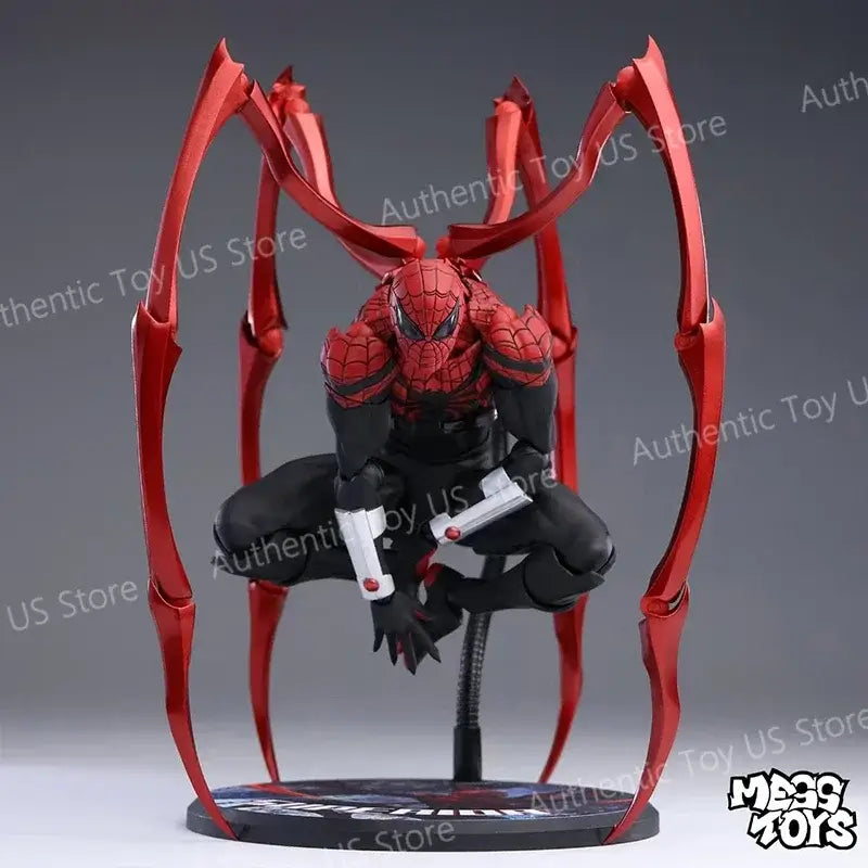 Spider Man doctor octopus action figure in red and black with metallic red spider limbs posed on circular PVC base