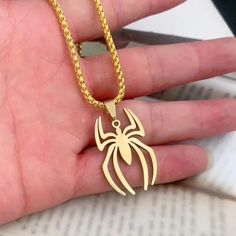 Gold-colored stainless steel spider pendant on a matching box chain necklace for spider-man spider pendant necklace