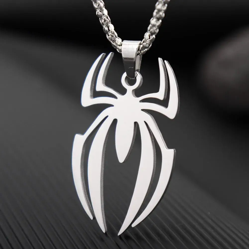 Silver stainless steel spider pendant necklace with sleek minimalist design and sharp cut-out lines