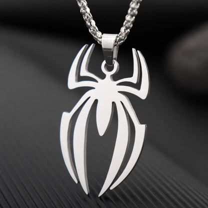 Silver stainless steel spider pendant necklace with sleek minimalist design and sharp cut-out lines