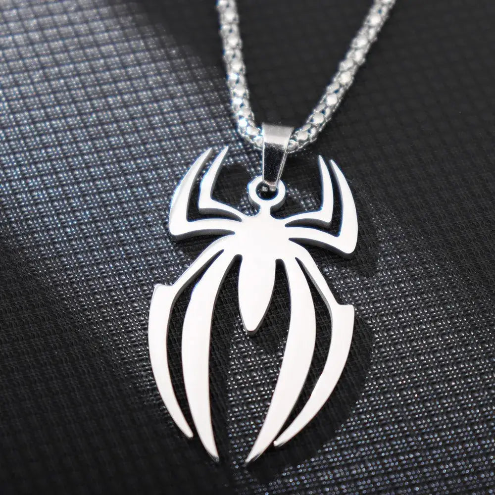 Silver stainless steel spider pendant necklace with sleek minimalist design and textured chain for everyday wear