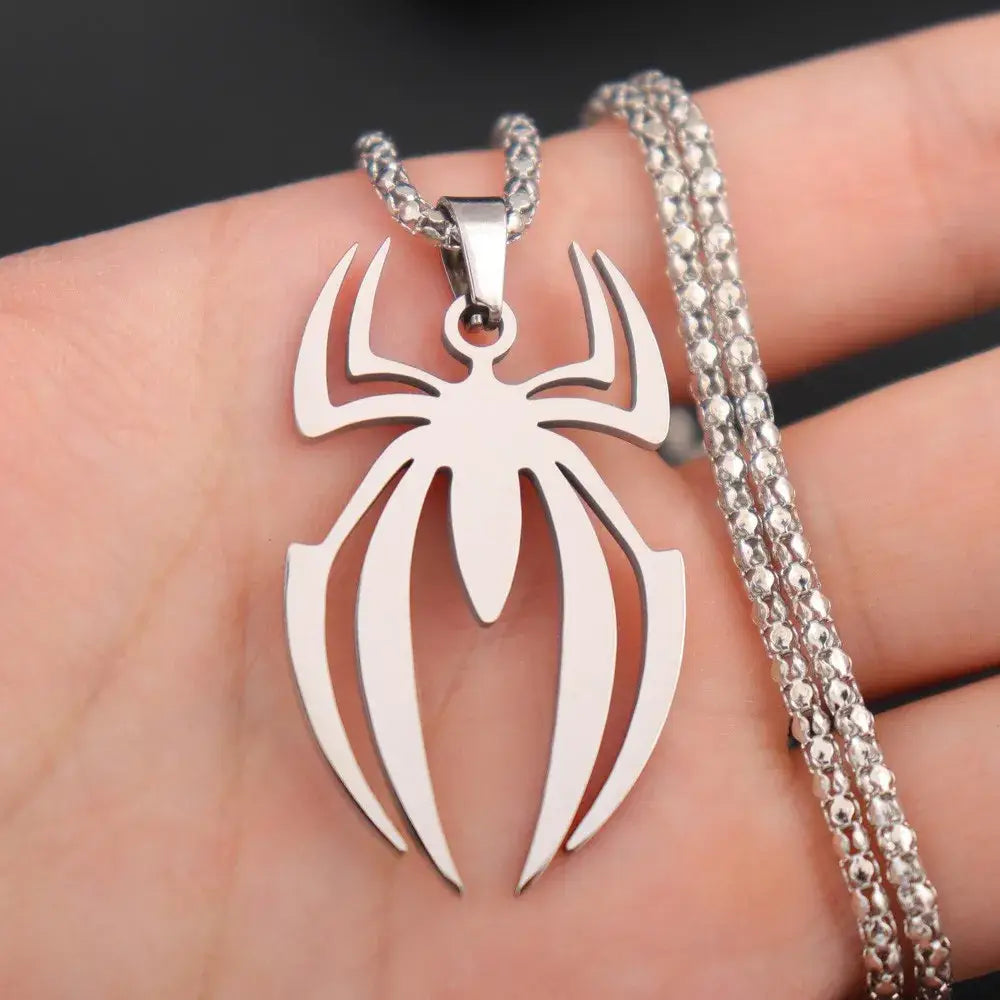 Silver stainless steel spider pendant necklace with sleek cut-out design and polished metallic finish
