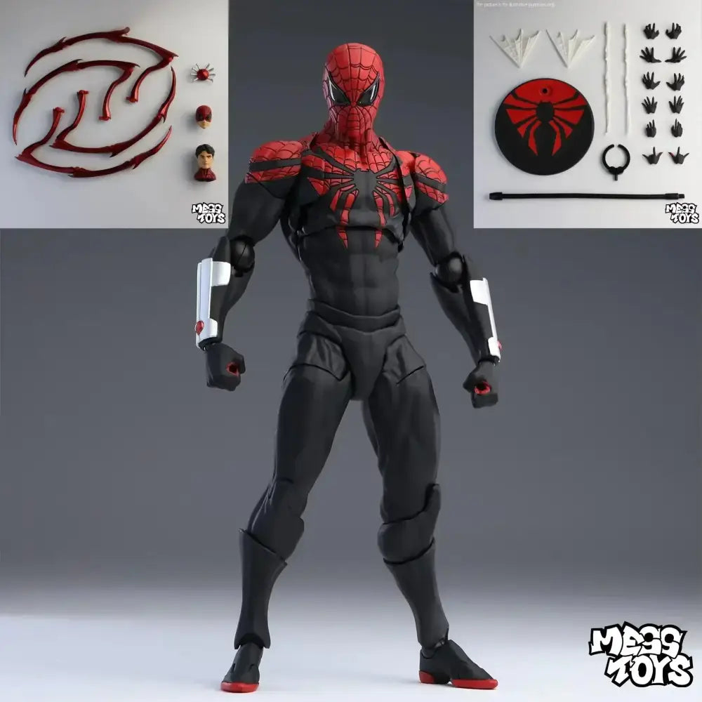 Black and red Spider-Man action figure with detailed articulation in PVC featuring Doctor Octopus design elements