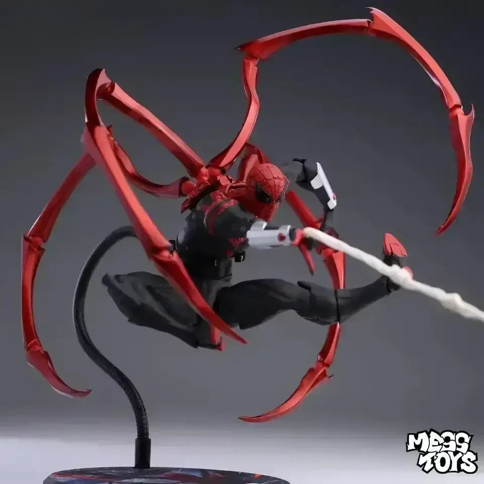 Red and black spider man action figure with articulated spider limbs posed mid swing from spider man superior doctor octopus series
