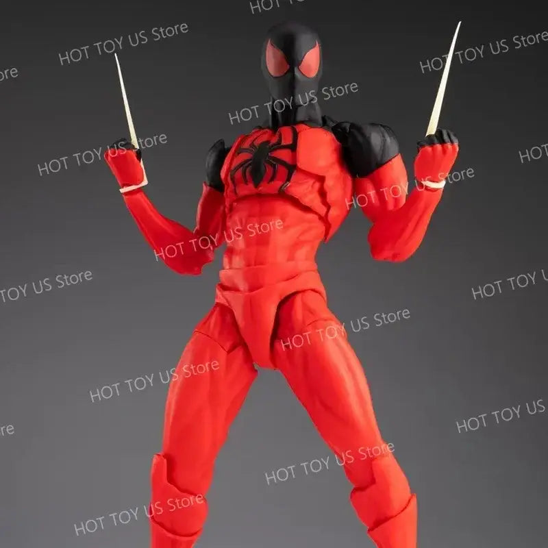 Red and black spider man action figure with articulated joints holding two silver blades in black suit pvc figure