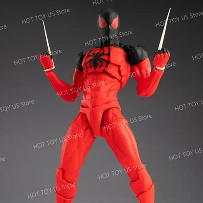Red and black spider man action figure with articulated joints holding two silver blades in black suit pvc figure