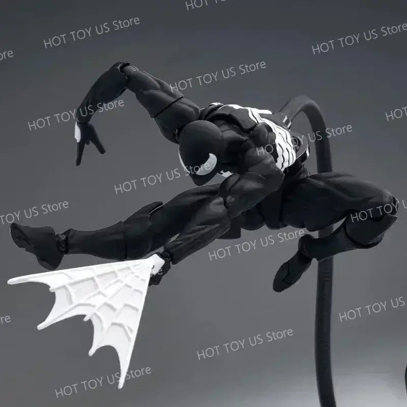Black and white venom spider man action figure with articulated limbs webbed feet and glossy finish pvc figure