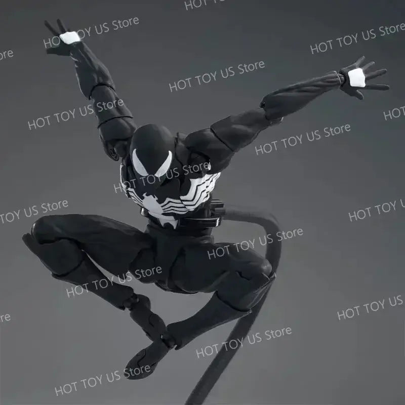 Black and white spider man symbiote action figure with articulated joints detailed suit and iconic mask pvc figure