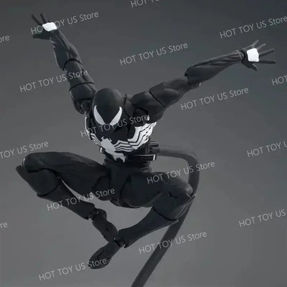 Black and white spider man symbiote action figure with articulated joints detailed suit and iconic mask pvc figure