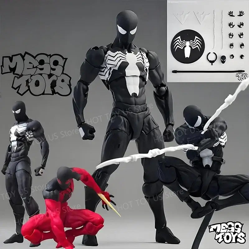 Black and white venom action figure with detailed musculature and glossy finish from spider man symbiote black suit pvc series
