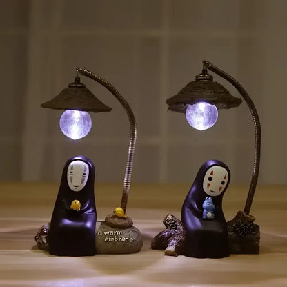 Spirited away no-face black figurines led desk lamp with glowing spherical eye-protection light on flexible gooseneck arms