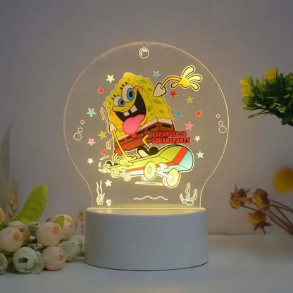 Translucent circular led night light featuring glowing spongebob patrick star riding surfboard with stars and bubbles in star 3d night design