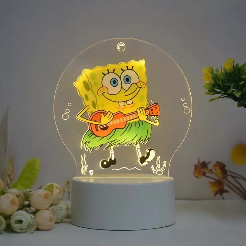 Yellow spongebob patrick star 3d night light led lamp with orange ukulele and green grass skirt design in dome shape