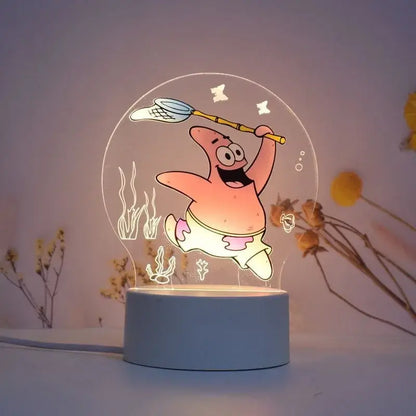 Glowing transparent acrylic spongebob patrick star 3d night light led lamp featuring patrick joyfully holding a net underwater