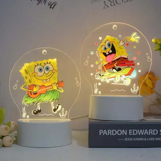 Two translucent spongebob patrick star 3d night light led lamps with glowing stars and bubbles in playful poses