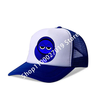 Blue and white breathable mesh sprunkis cartoon baseball cap with sleepy blue character for kids