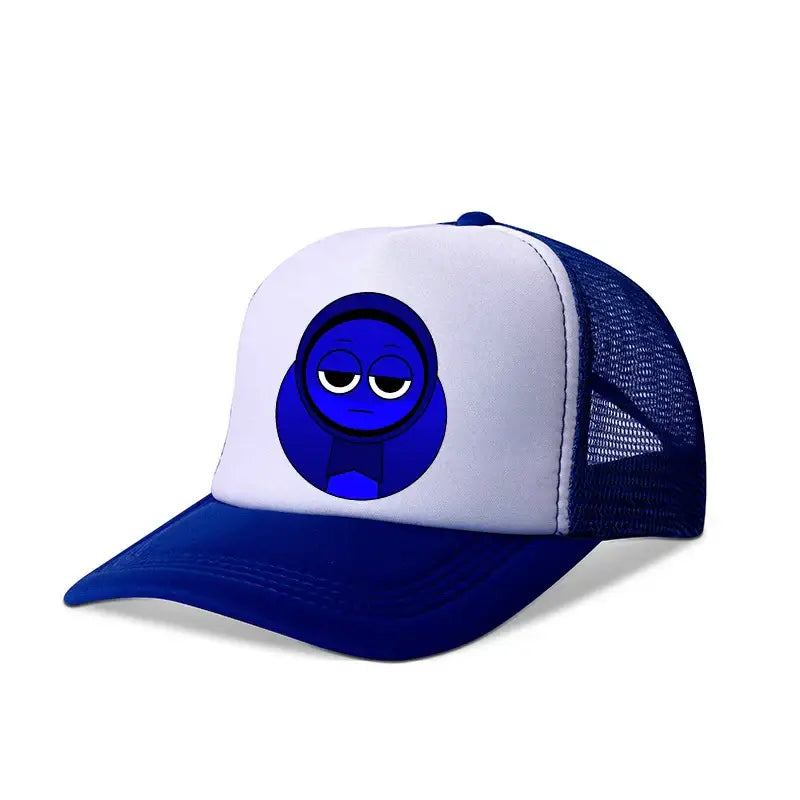 Blue and white sprunkis cartoon baseball cap with breathable mesh and sleepy blue character on front panel for kids