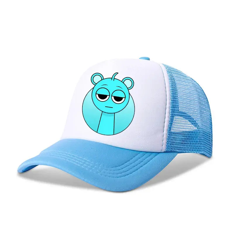 Light blue and white breathable mesh sprunkis cartoon baseball cap with sleepy cartoon character for kids