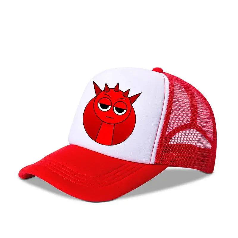 Red and white sprunkis cartoon baseball cap with breathable mesh and a red devil face for kids