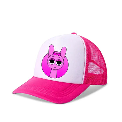 Pink and white breathable mesh Sprunkis cartoon baseball cap featuring a bunny with a bow for kids