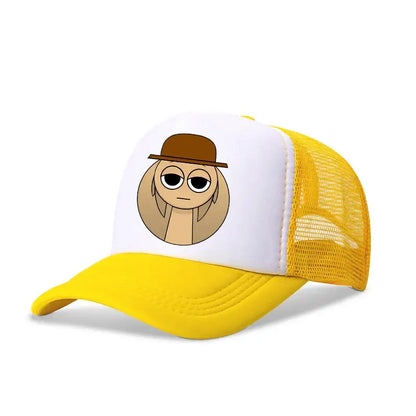 Yellow and white sprunkis cartoon baseball cap with breathable mesh and cartoon character wearing brown bowler hat