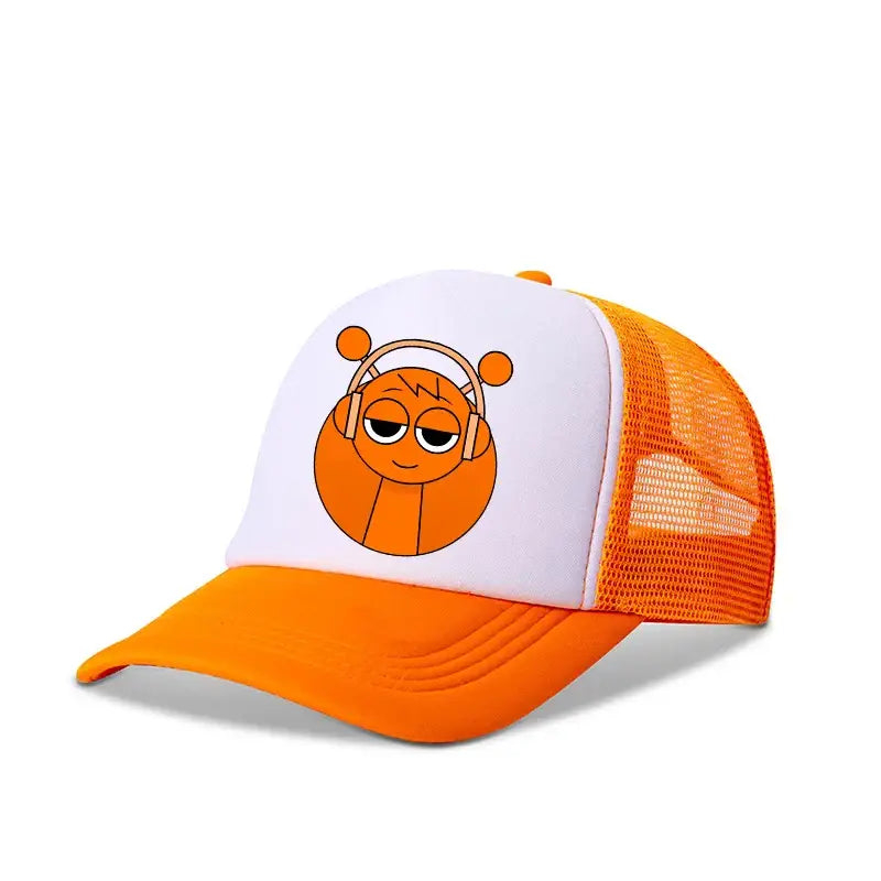 Orange and white sprunkis cartoon baseball cap with breathable mesh and cartoon character wearing headphones on front panel