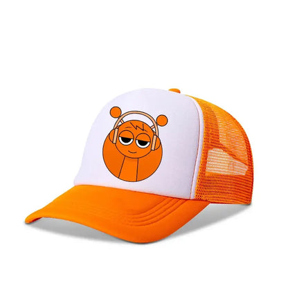 Orange and white sprunkis cartoon baseball cap with breathable mesh and cartoon character wearing headphones on front panel