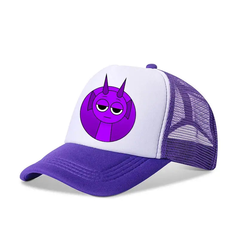 Purple and white breathable mesh Sprunkis cartoon baseball cap with a cartoon demon face and two horns for kids