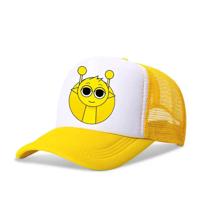 Yellow and white sprunkis cartoon baseball cap with breathable mesh and a cartoon insect design for kids