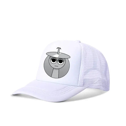 White breathable mesh sprunkis cartoon baseball cap with gray large-eyed cartoon character for kids