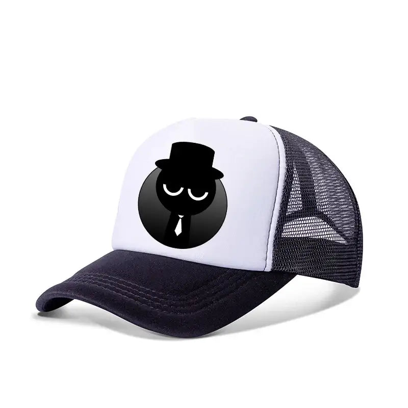 White and black sprunkis cartoon baseball cap with breathable mesh featuring a stylized character on front panel