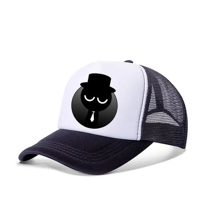 White and black sprunkis cartoon baseball cap with breathable mesh featuring a stylized character on front panel