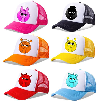 Pink and white breathable mesh sprunkis cartoon baseball cap with bunny face and bow for kids