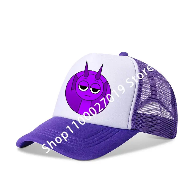 Purple and white breathable mesh sprunkis cartoon baseball cap featuring a cartoonish purple horned character on front panel
