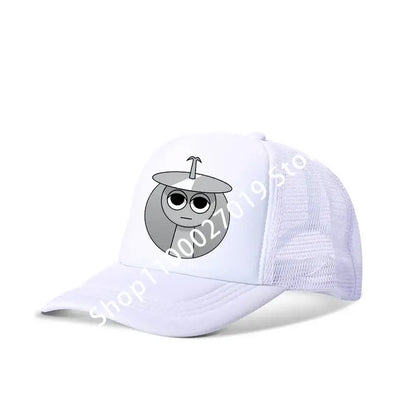 White breathable mesh sprunkis cartoon baseball cap with gray cartoon character and large eyes on front panel for kids