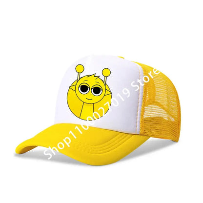 Yellow and white breathable mesh sprunkis cartoon baseball cap featuring a bee design on the front panel for kids