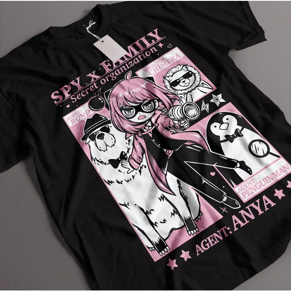 Black 100% cotton spy x family graphic tee featuring pink and white anya and bond graphic on front