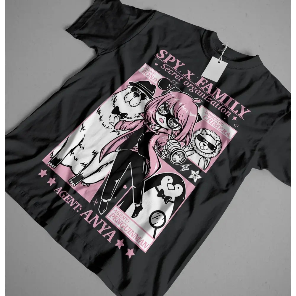 Black 100% cotton graphic tee featuring pink and white spy x family anya bond and penguinman design