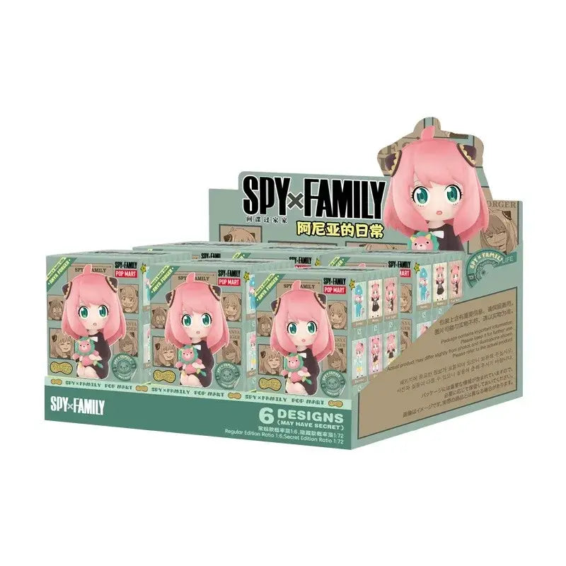 Teal and beige display box for spy x family anya blind box figure featuring six pink-haired desktop collectible designs